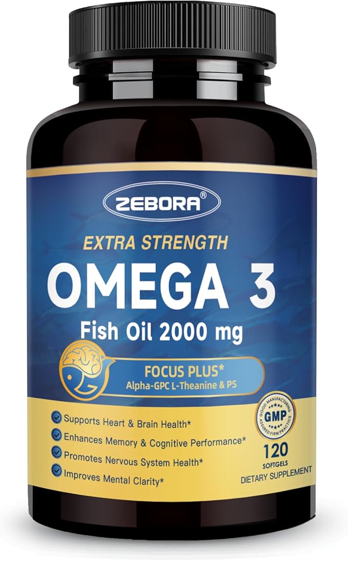 ZEBORA Omega-3 Fish Oil 2000mg - High Potency DHA & EPA Omega 3 with Alpha-GPC & PS for Brain, Cognition & Heart Support, Sustainably Sourced, 120 Softgels