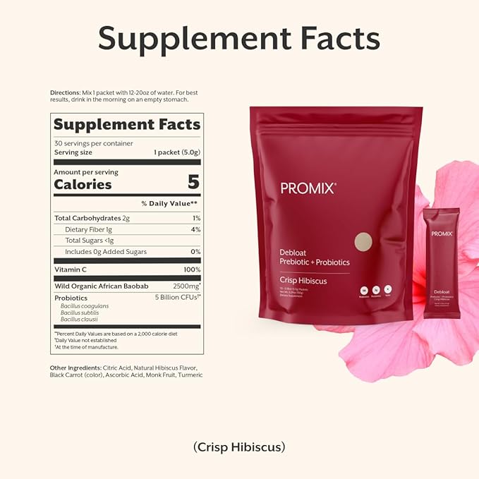 ProMix Nutrition Debloat Prebiotics and Probiotics Immune Support Supplement for Digestion, Cortisol Health, Gut Cleanse - Hibiscus - 30 Servings (Pack of 30)