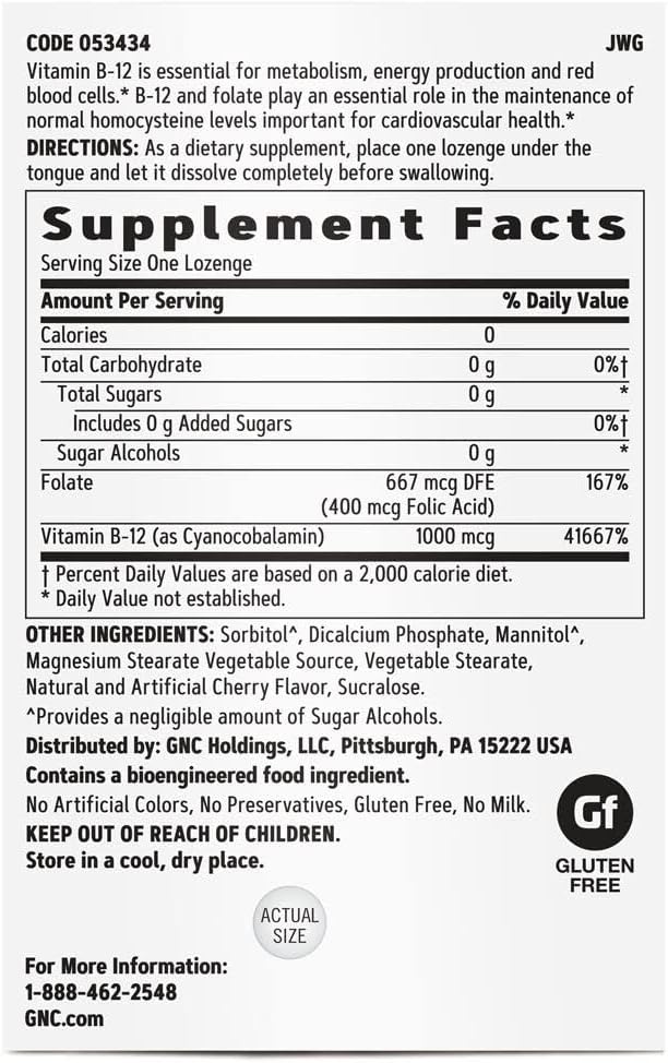 GNC Vitamin B-12 1000mcg, Cherry, Supports Energy Production, 120 Lozenges