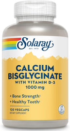 SOLARAY Calcium Bisglycinate Supplement 1000 mg for Women & Men - Calcium with Vitamin D3, Bone Strength & Teeth Health Support, Chelated Capsules, Easy to Digest - 120 Veg Cap Count