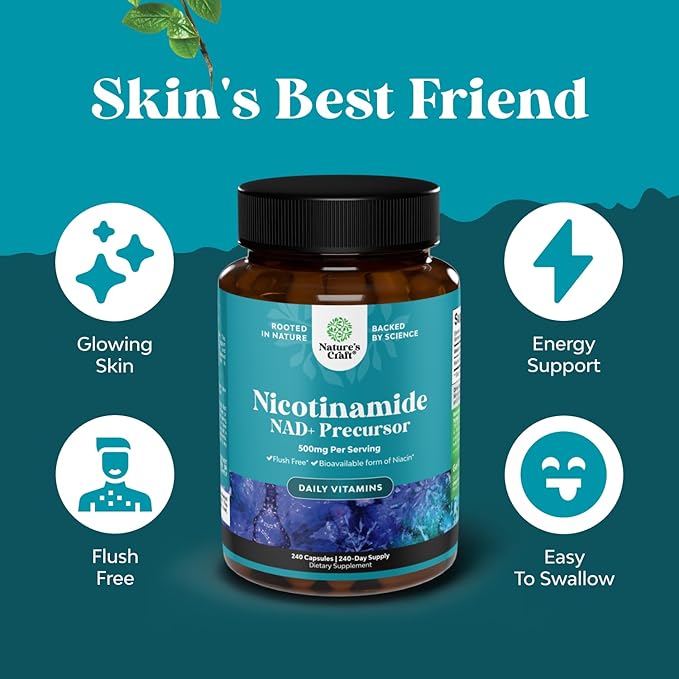 Vitamin B3 Niacinamide 500mg Capsules - Mitochondrial Energy and Potent Skin Supplement - AKA Vitamin B3 Niacin Flush Free and Nicotinamide 500mg - Flush Free Niacin Supplement - 240 Count