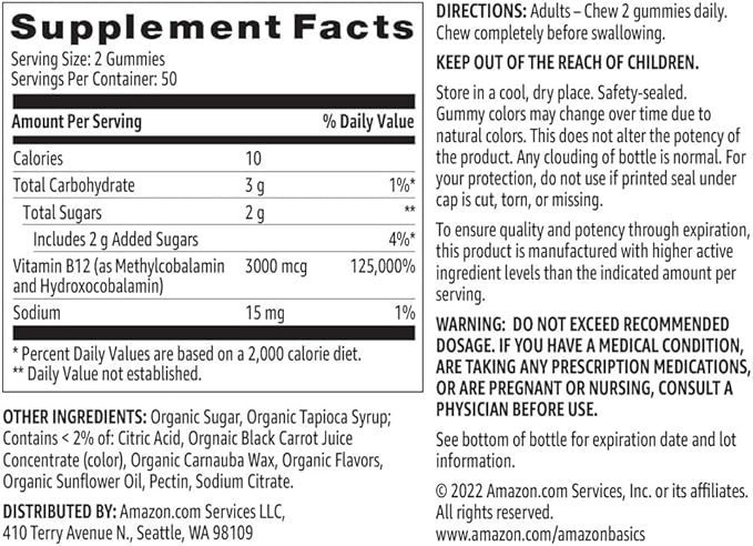 Amazon Basics Vitamin B12 3000 mcg Gummies, Normal Energy Production and Metabolism, Immune System Support, Raspberry, 100 Count (2 per Serving) (Previously Solimo)