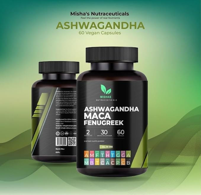 Mishas Nutraceuticals Ashwagandha, Maca Root, Fenugreek Supplement with Ginseng – Supports Stress Relief, Mood Balance & Thyroid Health – 60 Capsules