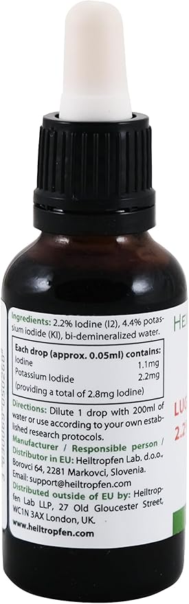 2.2% Lugol's Iodine Solution 1 Fl Oz - 30 ml | Pharmaceutical Grade Ingredients | Third-Party Tested | Lugols Solution Made with Iodine and Potassium Iodide | Heiltropfen®
