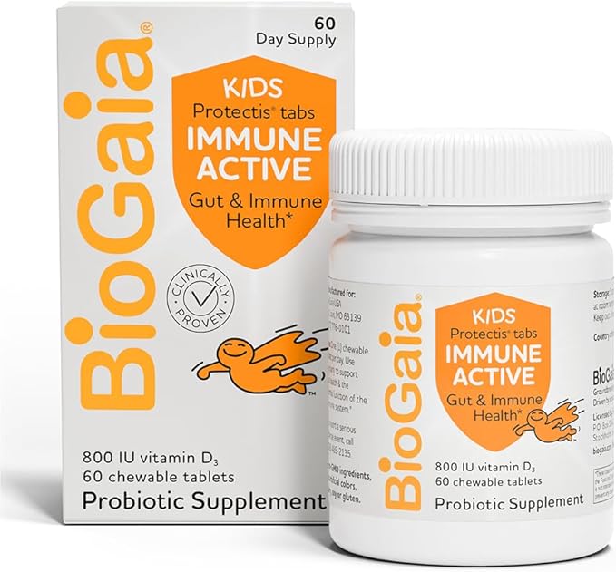 BioGaia Immune Active Kids | Probiotic + Vitamin D | for Digestive & Immune Health | Ages 3+ | Allergen, Dairy, Soy & Gluten Free | Trusted By Pediatricians | 60 Day Supply | Orange Flavored Chewable