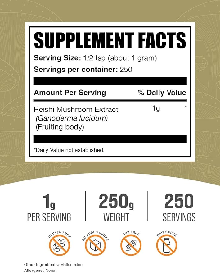 BulkSupplements.com Reishi Mushroom Extract Powder - Reishi Mushroom Powder, Supplement for Overall Well-Being - Gluten Free, 1g per Serving, 250g (8.8 oz) (Pack of 1)