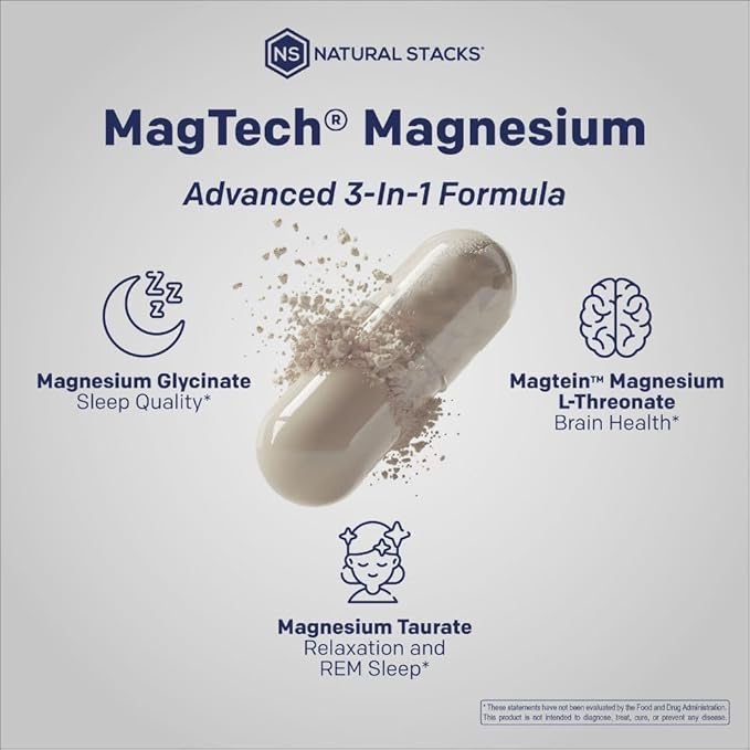 MagTech Magnesium Complex for Women & Men - 3 Forms of Magnesium: Glycinate, Magtein L-Threonate & Taurate - 200mg Chelated Complex - Support for Relaxation & Brain Health - 90 Glycinate Capsules