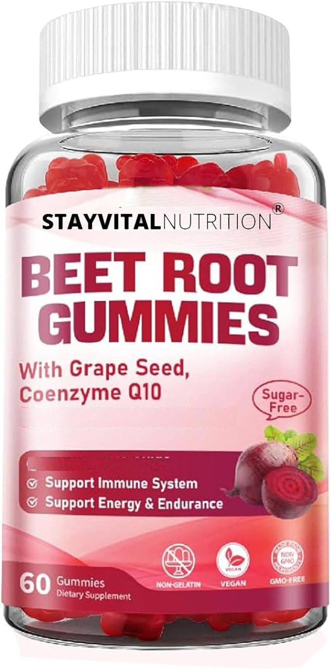 Beet Root Gummies with CoQ10 & Vitamin B12 – Vegan, Non-GMO, Gluten-Free Fruit Supplement for Daily Plant-Based Nutrition