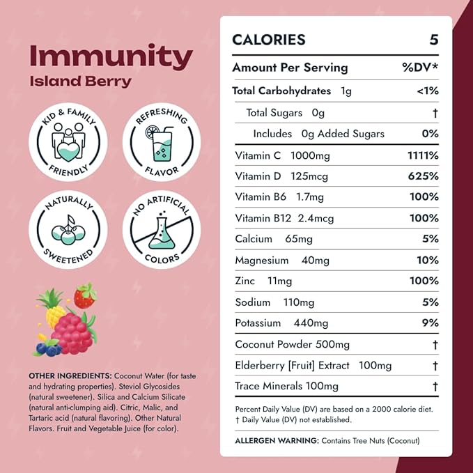Immunity + Hydration Electrolyte Drink | Elderberry & Zinc Immune Support Hydration Packets | Vitamin C 1000mg | Immune Support Supplement | Emergency Elderberry Vitamin C and Zinc