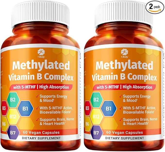 1 Body Vitamin B Complex Twin Pack with 5-MTHF Folate, B1, B2, B5, B6, Methyl B12, Niacin, Biotin 60 Capsules Each