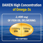 DAIKEN Mini Fish Oil 1200 mg, rTG Omega 3 1000mg, 60 Softgels, High Absorption & Burpless Fish Oil for Healthy Heart, Brain and Dry Eyes Support (Pack of 2)