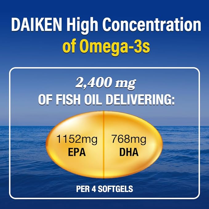 DAIKEN Mini Fish Oil 1200 mg, rTG Omega 3 1000mg, 60 Softgels, High Absorption & Burpless Fish Oil for Healthy Heart, Brain and Dry Eyes Support