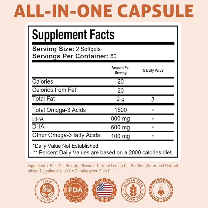 Health Dose Omega 3 Fish Oil 2000mg – Lemon-Flavored Softgels with EPA 800mg & DHA 600mg for Brain, Heart, and Wellness Support – Easy-to-Digest, No Fish Burps – 120 Softgels, 2-Month Supply