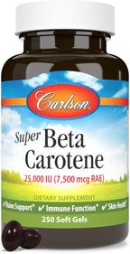 Carlson - Super Beta Carotene, 25000 IU (15 mg), Vitamin A as Beta Carotene, Bioavailable and Bioactive Form, Vision Health, Healthy Skin, 250 Softgels