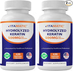 Vitamatic Hydrolyzed Keratin 500mg per Serving - 120 Vegetarian Capsules - Keratin Supplements for Healthy Hair Skin & Nails for Adults (Pack of 2)