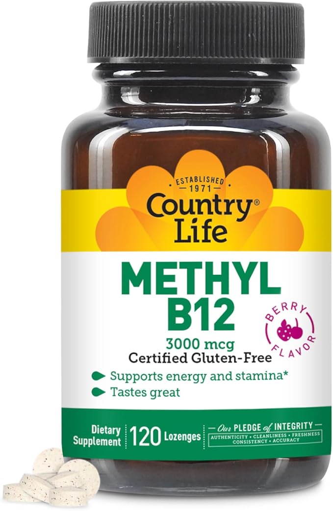 Country Life Methyl B12, 3000 mcg Lozenges, Supports Energy & Stamina, Metabolism & Red Blood Cell Production, Berry Flavor, 120 Vegan Lozenges, Certified Gluten Free & Halal