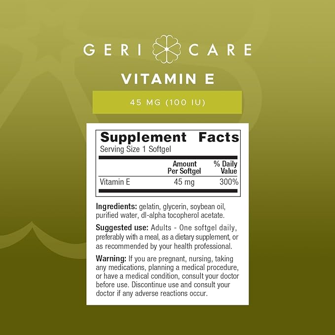 GeriCare High-Potency Vitamin E Softgels – 100 IU for Skin & Immune Support, 45mg | 100 Count | Organic Vitamin E for Women and Men, VitaminE Capsules (Pack of 2)