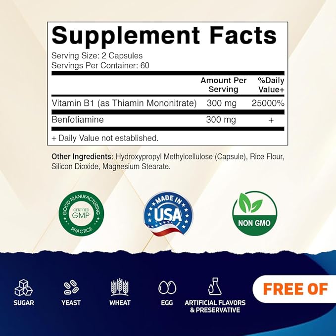 Vitamatic Benfotiamine 300mg + Vitamin B1 300 mg - 120 Vegetable Capsules - Made in the USA - Gluten Free - Non-GMO