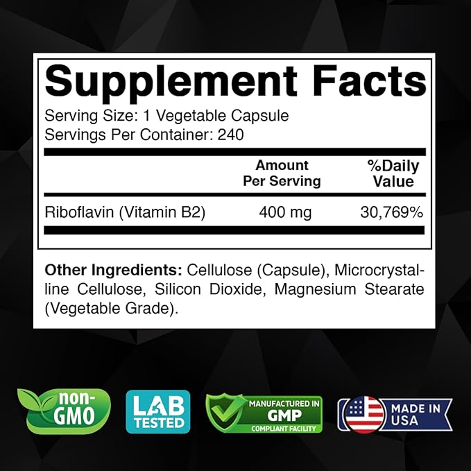 Vitabod Vitamin B2 (Riboflavin) 400 mg 240 Vegetarian Capsules - Support Cellular Energy and Red Blood Cell Production