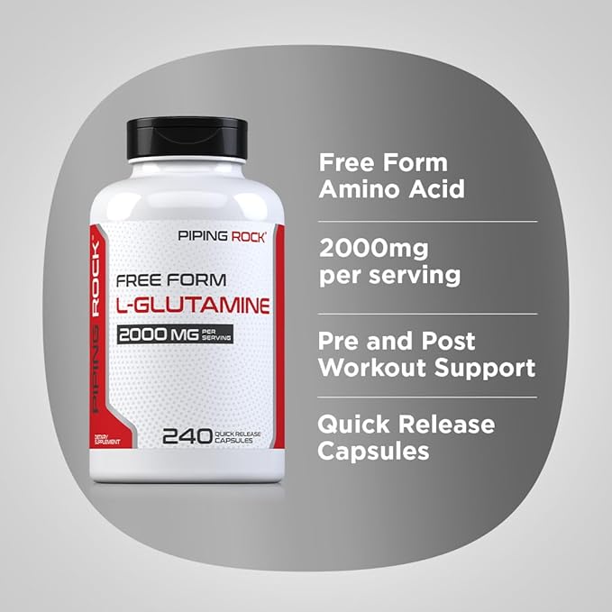 Piping Rock L Glutamine Powder Capsules | 2000 mg | 240 Pills | Supplement for Women & Men | Free Form Amino Acid | Non-GMO, Gluten Free