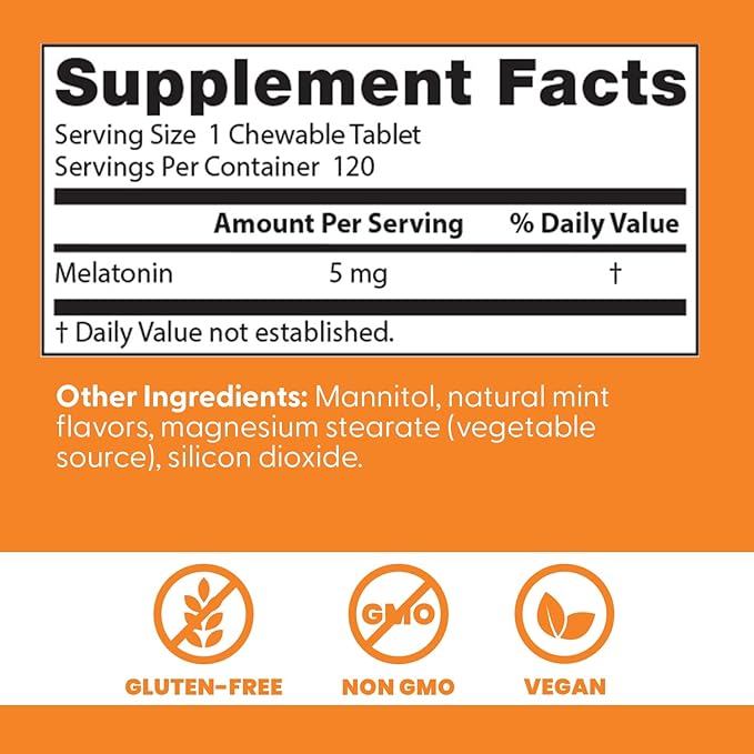 Doctors Best Melatonin 5mg Chewables for Adults - Sleep Support for Men & Women, Melatonin Supplement 5 mg, Gluten Free, Vegan, Non GMO, Natural Mint Flavor - 120 Chewable Tablets