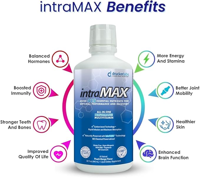 intraMAX Organic Liquid Multivitamin, Non GMO, Dairy Free, Gluten Free, Magnesium, Vitamin D, C and E, Zinc (32 oz., Peach Mango)