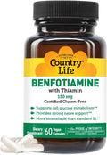 Country Life Benfotiamine with Thiamin, Nerve Health Support, 150mg, 60 Vegetarian Capsules, Certified Gluten Free, Certified Vegan