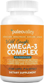 Paleovalley Omega-3 Complex, Wild Caught Fish Oil Softgels, 1,050mg Omega-3s, 750mg DHA, 187mg EPA, Phospholipid Bound Omega-3 Supplement for Brain, Heart and Joint Health, 28 Servings