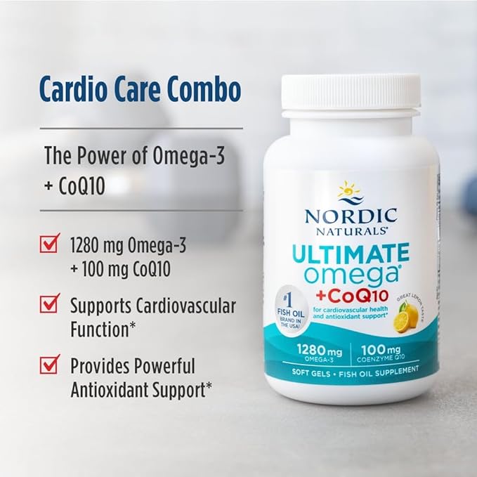 Nordic Naturals Ultimate Omega + CoQ10, Lemon - 120 Soft Gels - 1280 mg Omega-3 + 100 mg CoQ10 - Heart Health, Cellular Energy, Antioxidant Support - Non-GMO - 60 Servings