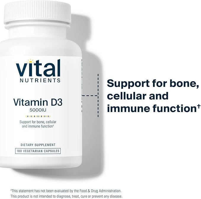 Vital Nutrients Vitamin D 5000 IU - Vitamin D3 Supplement - Healthy Bones, Teeth, Muscles*- Cellular & Immune Function - Calcium Absorption - Gluten, Dairy and Soy Free - 180 Capsules