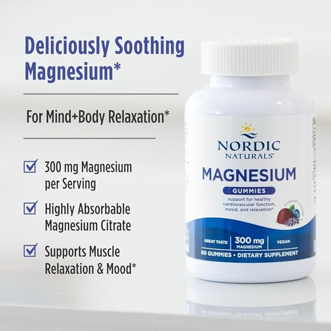 Nordic Naturals Magnesium Gummies for Adults, Blueberry Lavender Flavor - 60 Gummies - Vegan Magnesium Supplement for Mind, Mood, and Cardiovascular Support - Non-GMO - 20 Servings