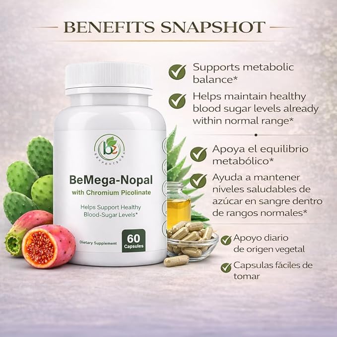 BMega Nopal with Chromium Picolinate - Supports Metabolism & Nutrient Balance - Natural Plant-Based Supplement Helps Support Healthy Blood Sugar Levels & Wellness - 60 Capsules