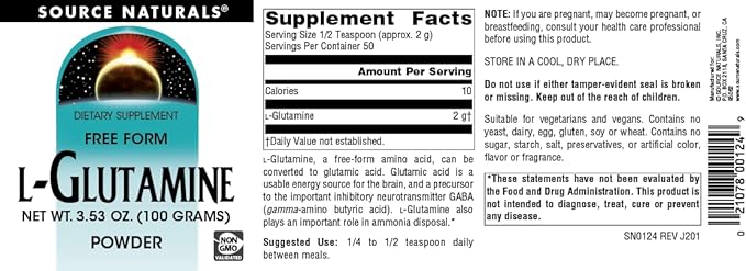 Source Naturals L-Glutamine, Free Form Amino Acid that Supports Metabolic Energy* - 100 Grams Powder