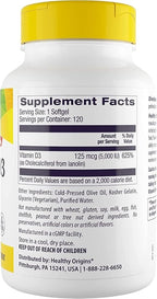 Healthy Origins Vitamin D3 5,000 IU (Non-GMO, High Potency, Bone Support, Immune Support, Gluten Free), 120 Softgels