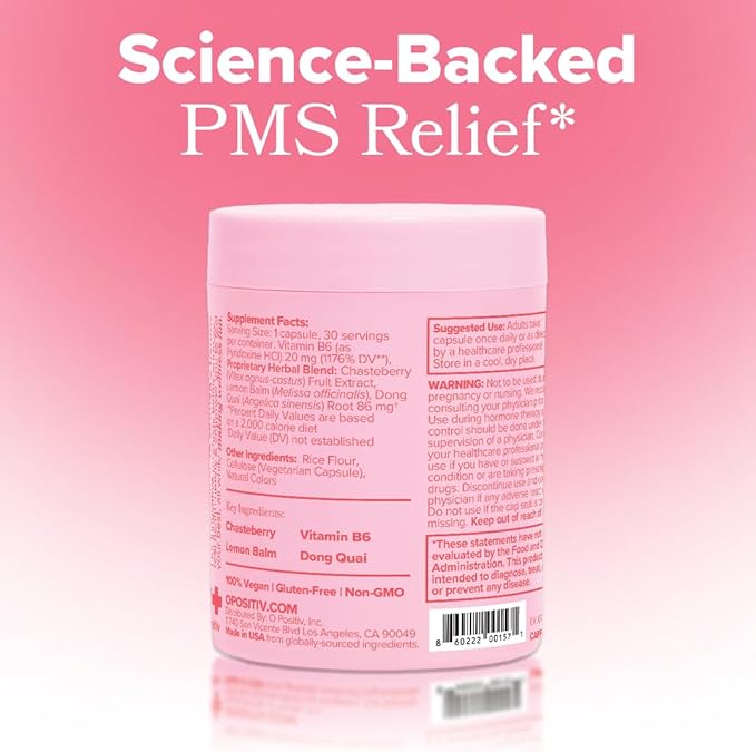 O Positiv FLO PMS Vitamins for Women, 30 Servings (Pack of 1) - Proactive PMS Relief - Targets Hormonal Breakouts, Bloating, Cramps, & Mood Swings with Chasteberry, Vitamin B6, & Lemon Balm