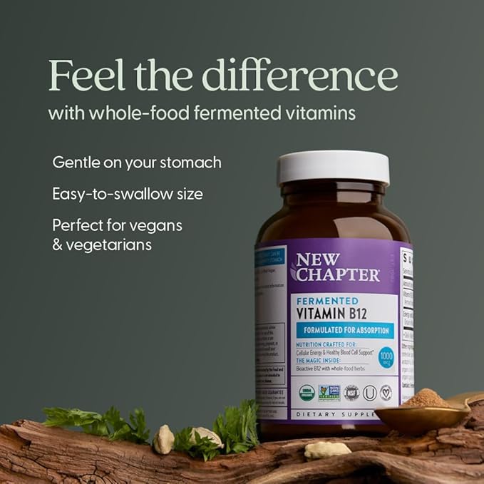 New Chapter Fermented Vitamin B12 1,000 mcg, USDA Organic, ONE Daily for Cellular Energy + Healthy Blood Cells, Certified Vegan, Gluten Free - 60 Count