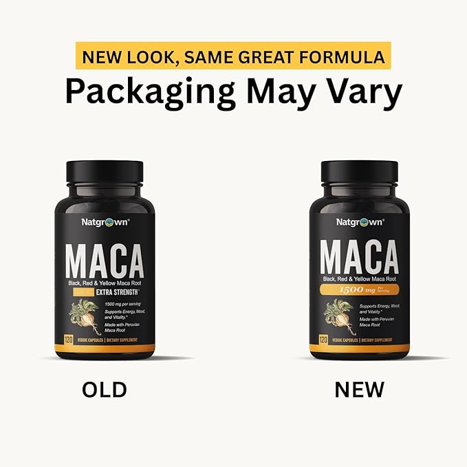 Natgrown Organic Maca Root Powder Capsules - Black, Red & Yellow - 1500 mg per Serving - Gelatinized Peruvian Maca Supplement - Non-GMO, Gluten-Free, Vegan - (120 Count)