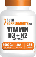 BulkSupplements.com Vitamin D3 50,000IU + Vitamin K2 200mcg Softgels - 365 Count (Pack of 1)
