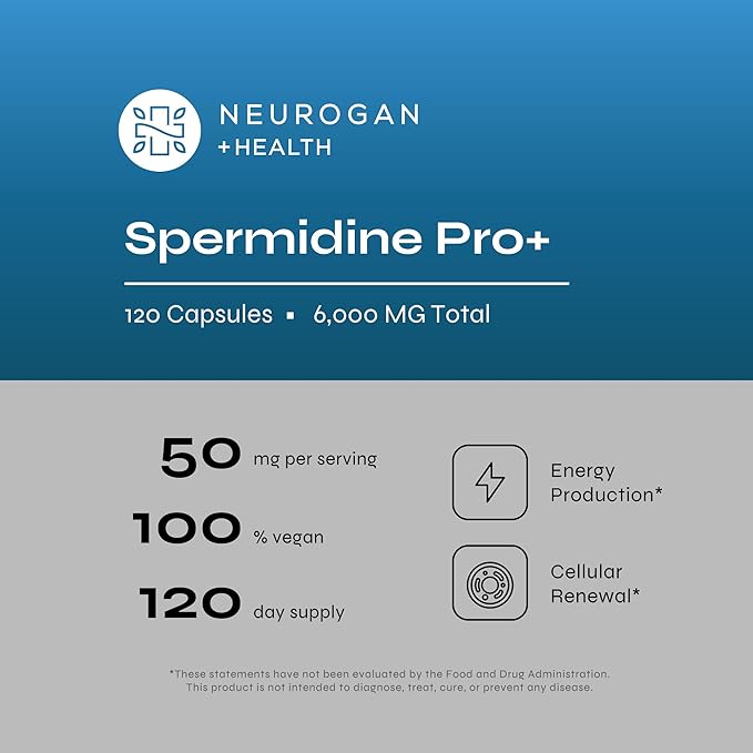 Neurogan Spermidine PRO Supplement Capsules - 50mg Per Serving, 60-Day Supply - Enhanced Absorption for Longevity Routine - Spermidine 3HCl Spermidine Supplements for Men & Women