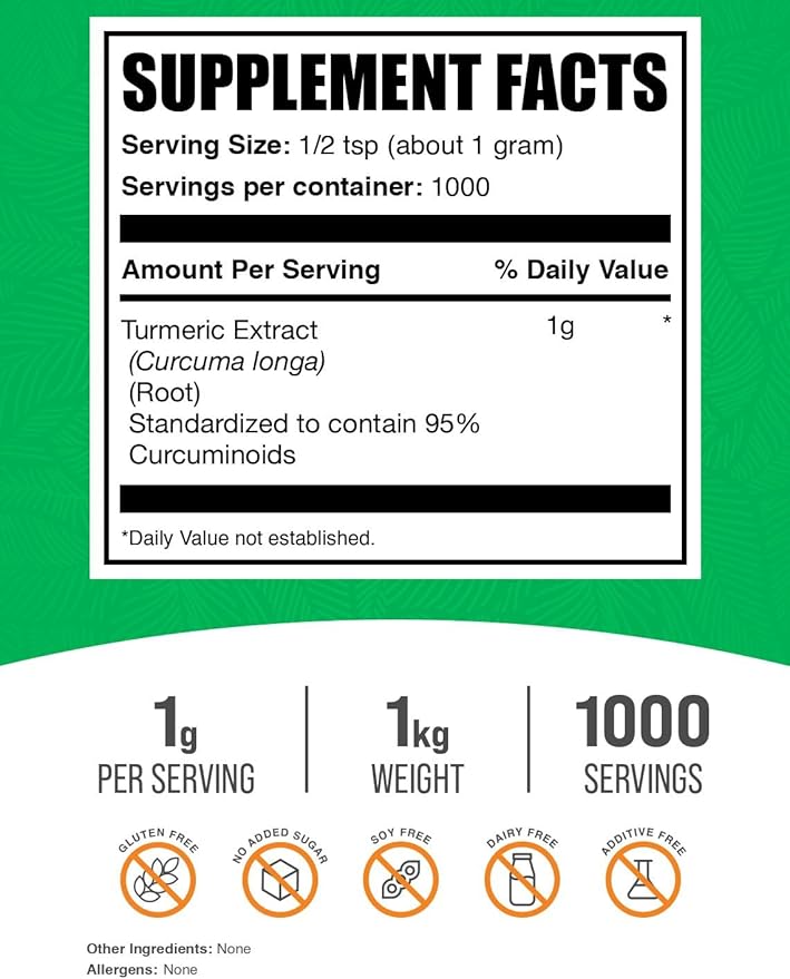 BulkSupplements.com Turmeric Extract Powder - from Turmeric Root, Curcumin Supplements, Turmeric Curcumin Powder - Gluten Free, 1g per Serving, 1kg (2.2 lbs) (Pack of 1)