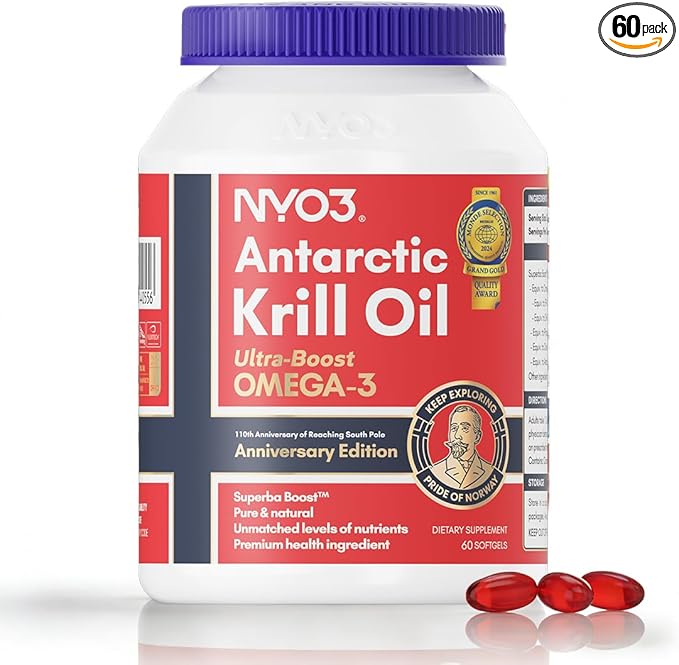 NYO3 Krill Oil 1000mg Omega 3 Supplement, 56% Phospholipids for 98% Absorption, Antarctic Superba Boost Krill Oil, High EPA & DHA for Heart Brain Blood Lipid Health, No Fishy Burps, 60 Softgels