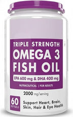 Omega 3 Fish Oil | Omega 3 Fish Oil Capsules for Women and Men | Triple Strength Fish Oil | Burpless, EPA 600 - DHA 400 Supplement, 60 Softgel Capsules