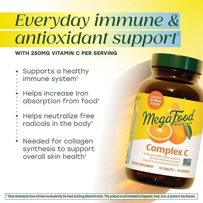 MegaFood Complex C - Vegan Vitamin C Immune Support Supplement, Vitamin C Supplement Made with Real Food Including Orange, Cranberry & Brown Rice, Gluten-Free - 60 Tablets, 60 Servings