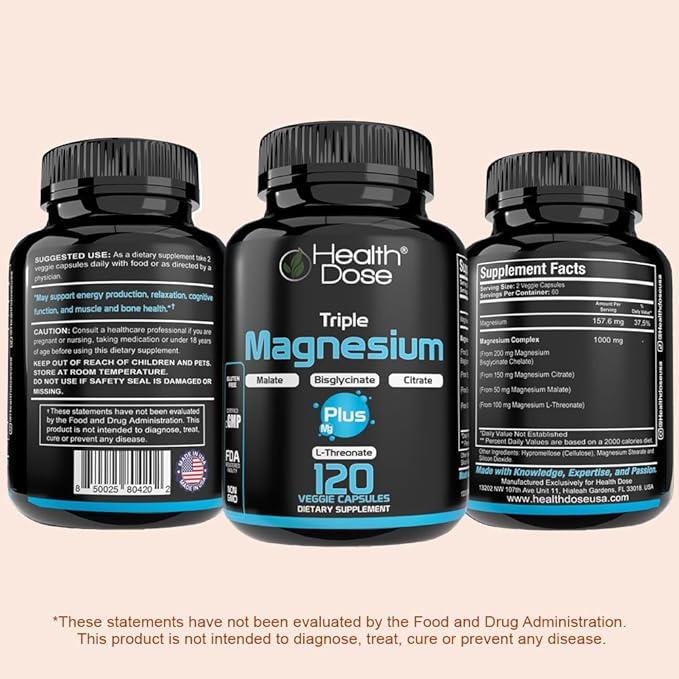 Health Dose Triple Magnesium Complex 1000 mg | L-Threonate, Bisglycinate, Citrate & Malate Blend | Support for Muscle Relaxation, Sleep & Cognitive Function | 120 Capsules | All-in-One Formula (5)