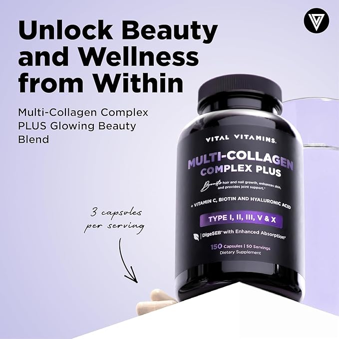Vital Vitamins Multi Collagen Plus Capsules (2-Pack) - with Biotin, Hyaluronic Acid, Vitamin C - Type I, II, III, V, X Peptides - Collagen Supplements for Men & Women - Hair, Skin, Nails Complex