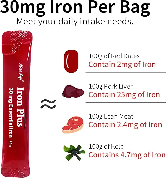 Iron Supplement, 30 Mg Iron Supplement for Women and Men, Promotes Red Blood Cell Production, Supports Iron Deficiency in Adults, 20 Ready-to-Drink Powder Sachets