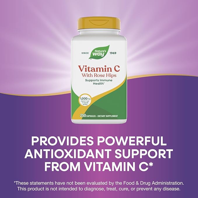 Nature's Way Vitamin C with Rose Hips, Antioxidant & Immune Function Support from vitamin C*, Promotes Collagen for Healthy Skin*, 1,000 mg per 2-Capsule Serving, 250 Capsules (Packaging May Vary)