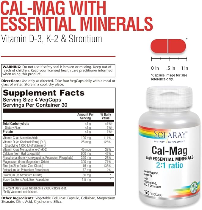 Solaray Cal-Mag with Essential Minerals | Calcium, Magnesium, Strontium, Vitamins D-3 & K-2 | 30 Serv | 120 VegCaps