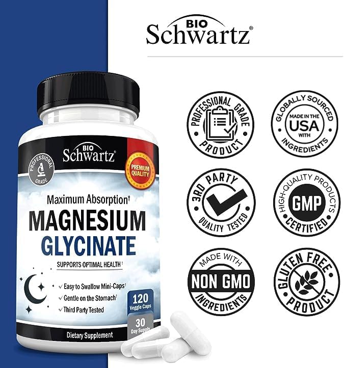BioSchwartz Magnesium Glycinate 500mg Capsules (120 Mini Caps) Maximum Absorption Magnesium Supplement for Healthy Nerves Muscles Heart Mood and Sleep Support (Vegan, Gluten-Free, Non-GMO)