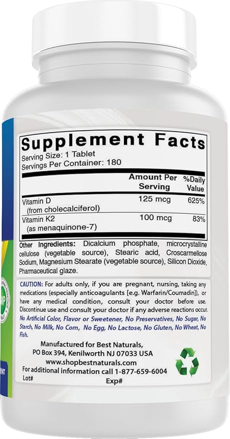 Best Naturals Vitamin K2 (MK7) with D3 Supplement Bone and Heart Health (5000 IU Vitamin D3 & 100 mcg Vitamin K2 MK7), 180 Tablets (Pack of 2)
